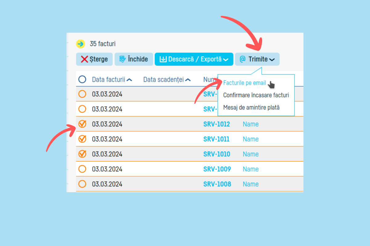 Cum trimit mai multe facturi pe e-mail din aplicatie - pasul 3