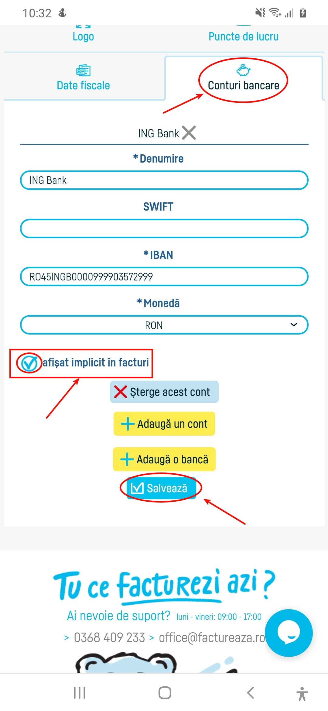 Cum selectez contul bancar pe factură? - pasul 2