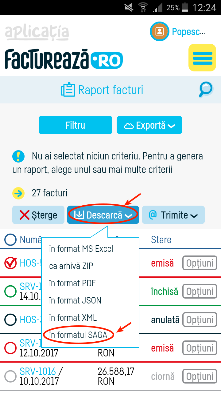 Cum export o factură în SAGA? - pasul 4