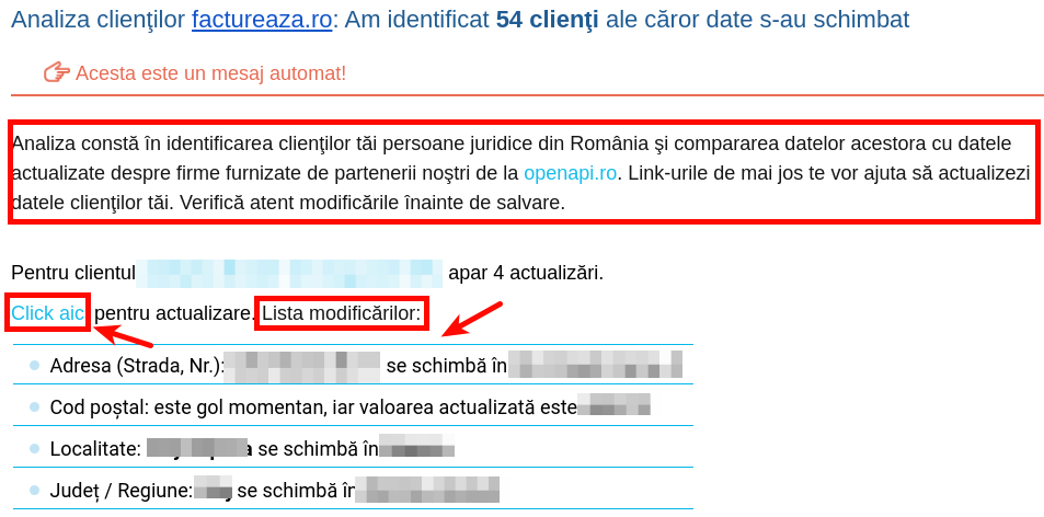 Notificări cu schimbări în datele clienţilor - pasul 4