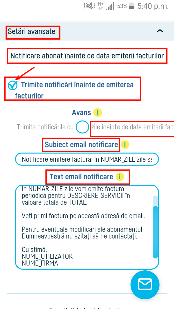 Notificare abonat înainte de data emiterii facturilor - pasul 2