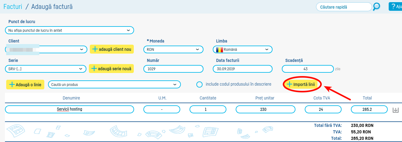 Import linii din documente în factura ta - pasul 1