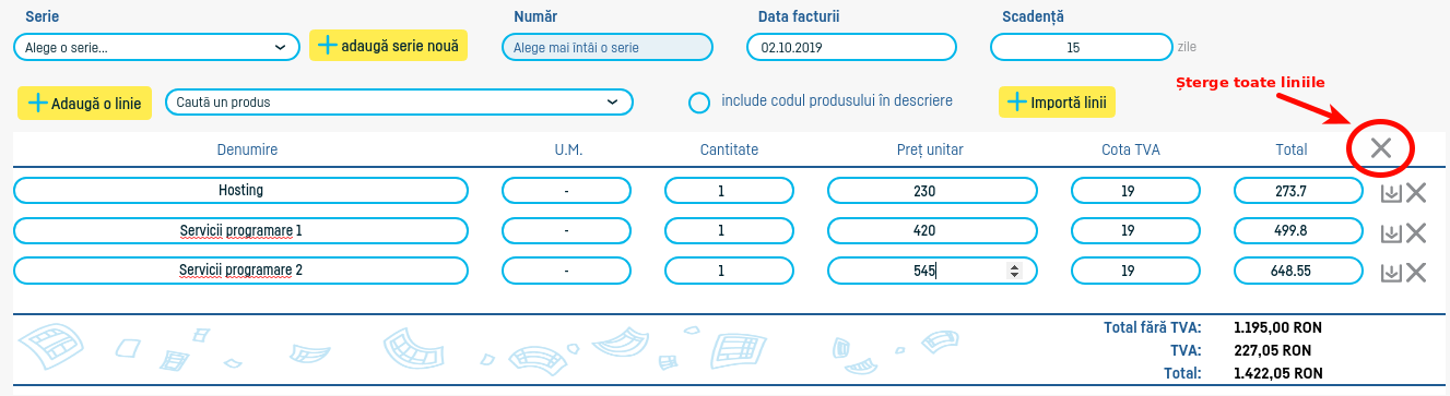 Ștergerea tuturor liniilor din factură - pasul 1