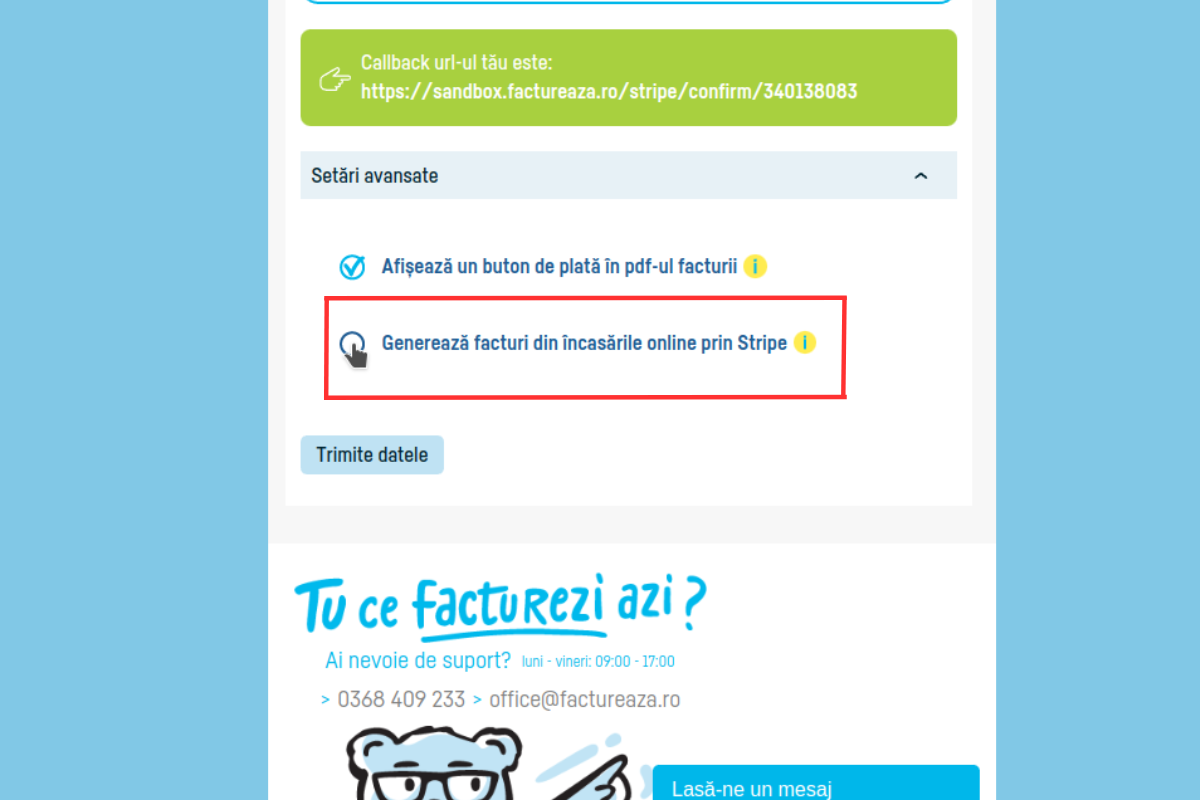 Generează facturi din încasările online prin Stripe - pasul 4