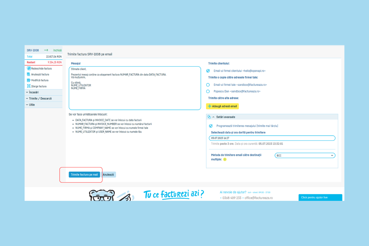 Cum programez trimiterea unei facturi pe email - pasul 7