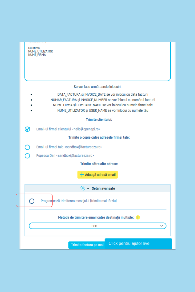 Cum programez trimiterea unei facturi pe email - pasul 5