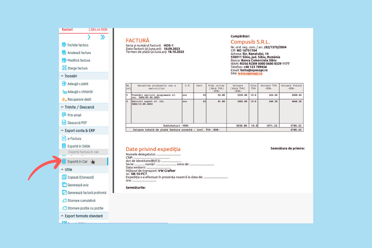 Cum export o factură în Ciel? - pasul 3