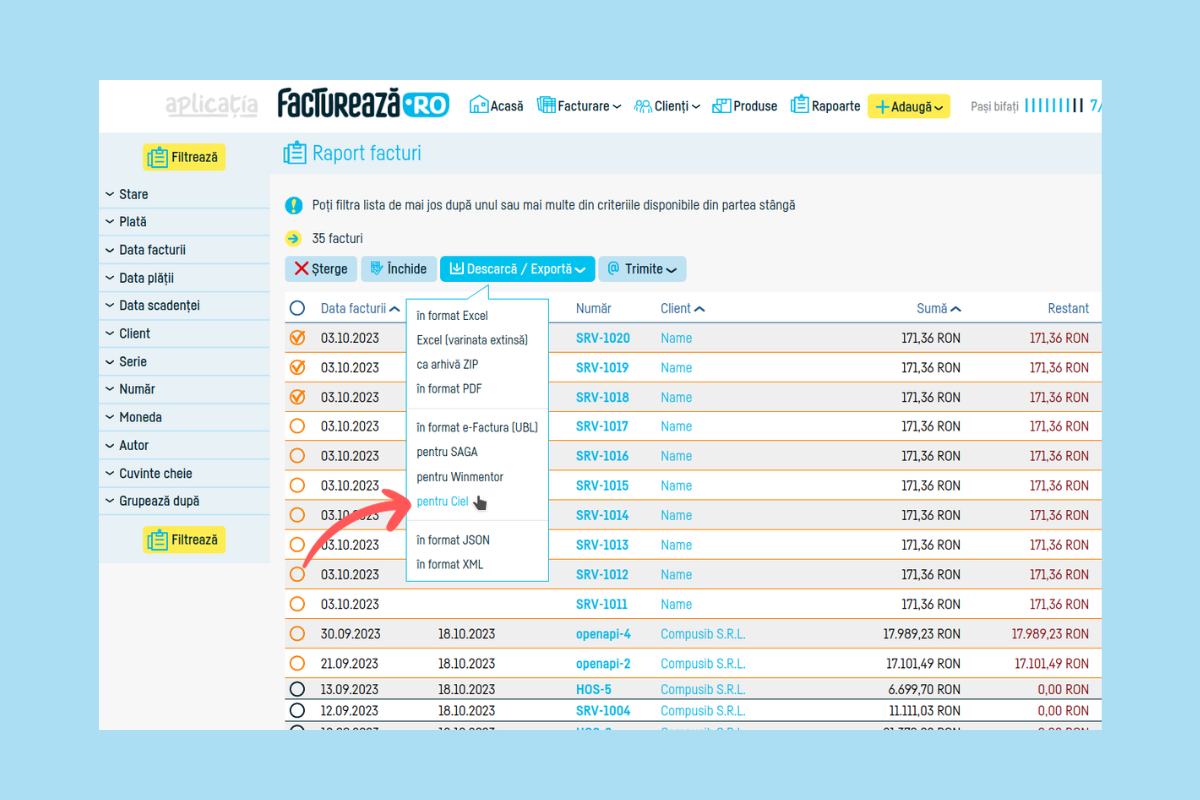 Cum export mai multe facturi în Ciel? - pasul 3