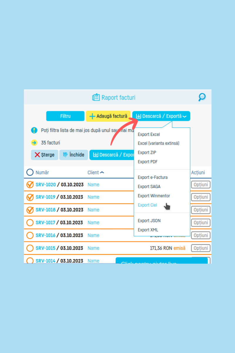 Cum export mai multe facturi în Ciel? - pasul 5