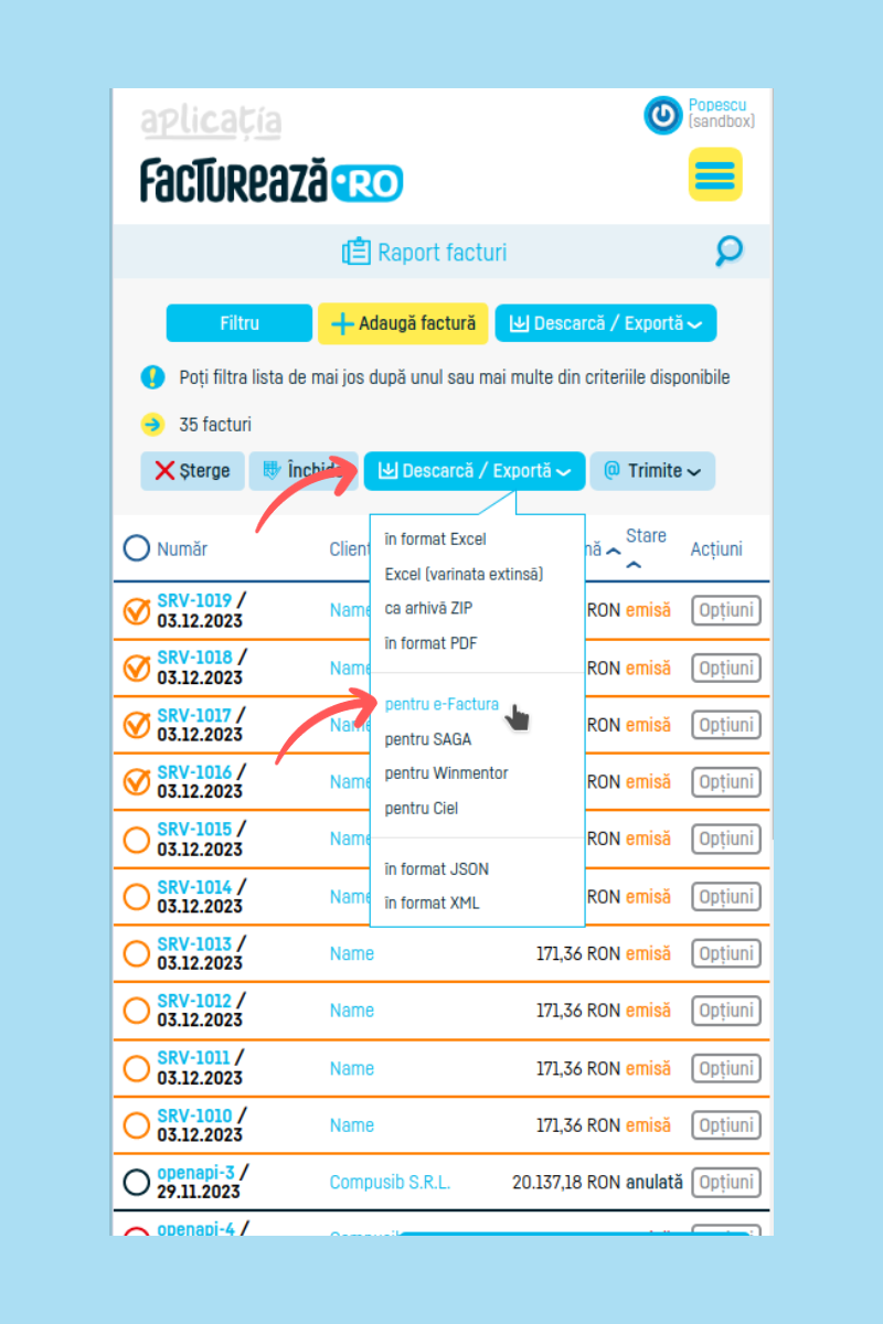 Descărcare facturi multiple  în format e-factura - pasul 2