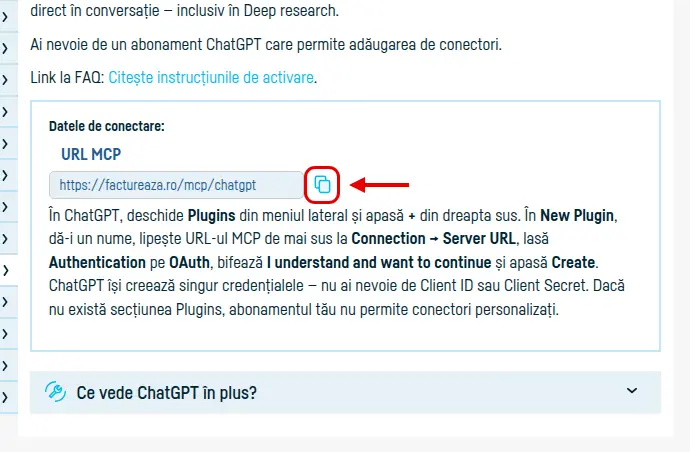 Pagina Integrări → ChatGPT din factureaza.ro, cu URL-ul MCP și butonul de copiere