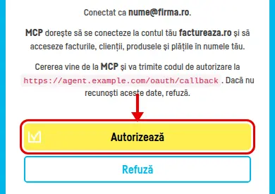 Pagina factureaza.ro de autorizare, cu butonul Autorizează încercuit