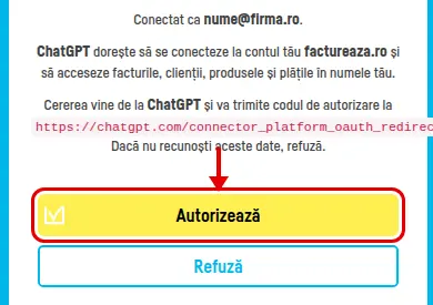 Pagina factureaza.ro de autorizare, cu butonul Autorizează încercuit