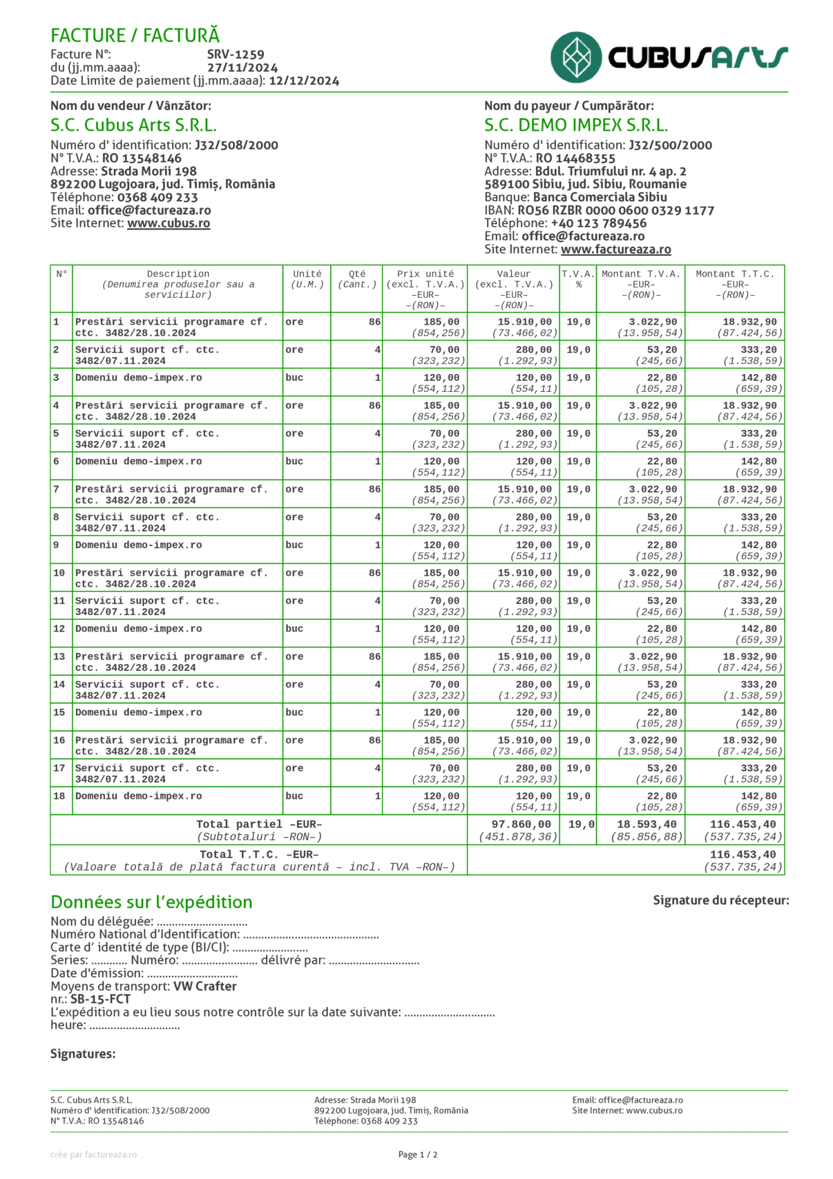 Factură şablon liste lungi, Euro + RON, franceză